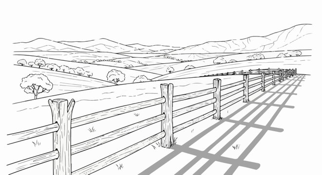 Rustic wooden fence stretches across rolling hills under a hazy sky