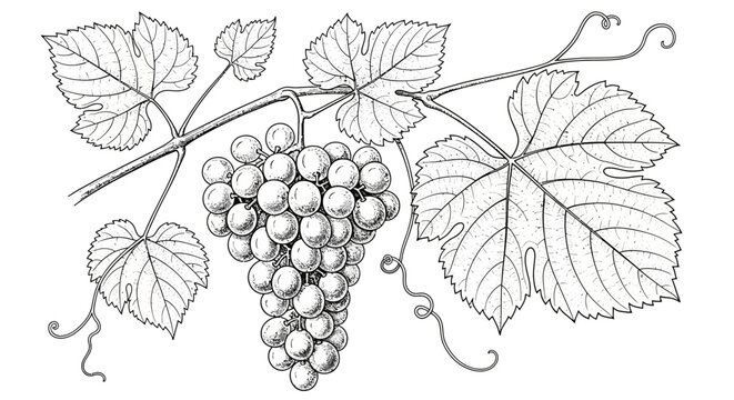 Vintage illustration of a grape vine branch with ripe grapes and leaves
