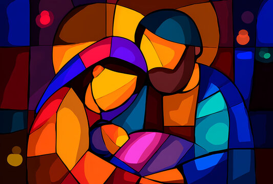 Ilustraci&oacute;n estilo vitral de la escena del nacimiento con la sagrada familia y la estrella de Bel&eacute;n