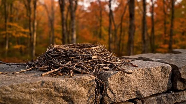A bird's nest sits empty on a rough stone wall, set against a vibrant autumn forest with glowing orange and yellow leaves. A peaceful, still scene capturing the essence of fall.