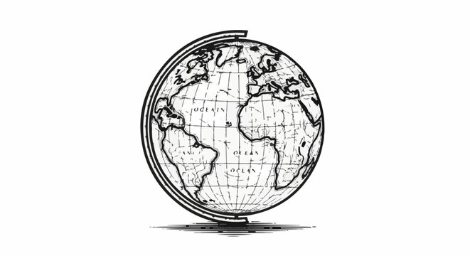 Stylized black and white illustration of a vintage globe on a stand