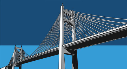 Fototapeta premium Stylized graphic illustration of a suspension bridge against a bold blue sky