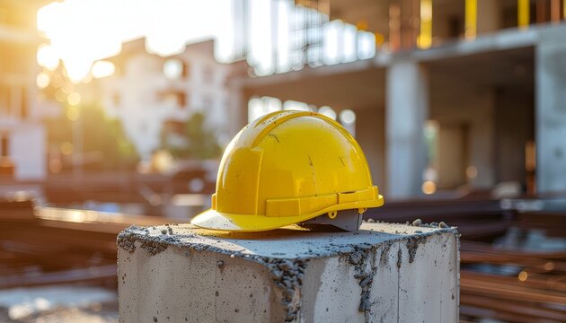Yellow hard hat resting on a concrete block at a construction site with warm sunlight