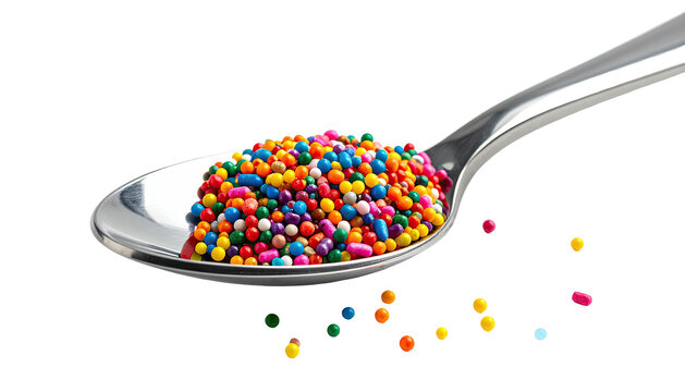Colorful sprinkles overflow a silver spoon against a stark black backdrop