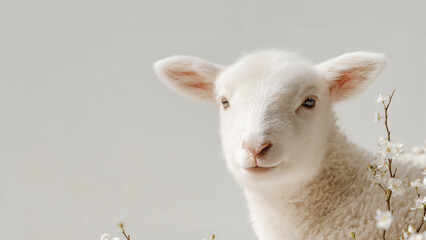 Fototapeta premium White Lamb Portrait with Blossoms Minimal Spring Banner