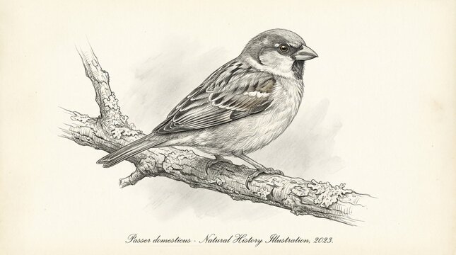 Vintage Style Pencil Sketch of House Sparrow Perched on Branch
