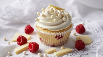 Delicious raspberry cupcake with creamy white frosting and decorative chocolate pearls on 
