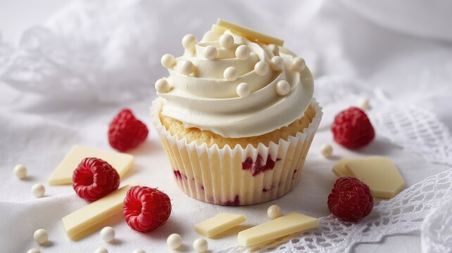 Delicious raspberry cupcake with creamy white frosting and decorative chocolate pearls on 