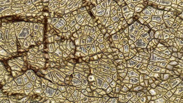 Aerial view of the intricate cracked earth patterns and mineral deposits in the Rio Tinto mining area, Minas de Riotinto, Andalusia, Spain.