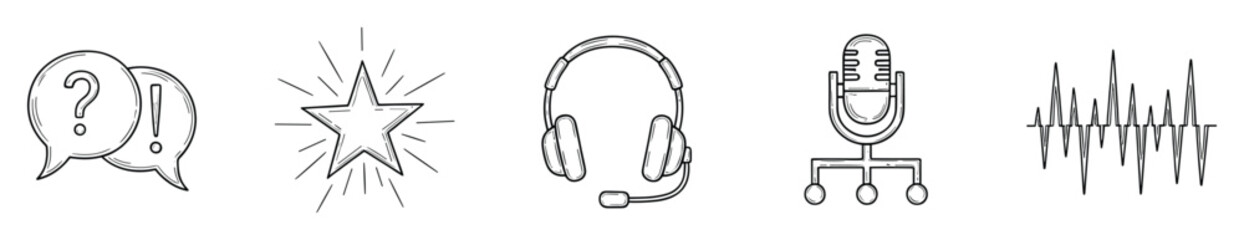 Obraz premium Monochrome hand drawn style icons representing communication, feedback, audio recording, and sound waves are perfect for podcasting, customer service, or online learning applications.