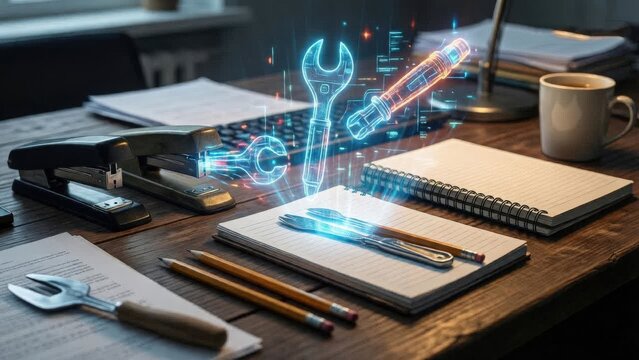 Office desk with tools transforming into digital holograms, representing automation, artificial intelligence, and the future of work.