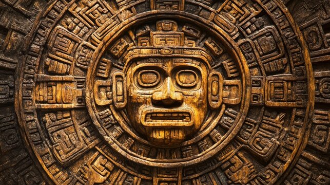 Intricate stone carving of an ancient face surrounded by concentric rings of symbols and patterns