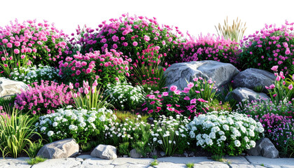 Naklejka premium Lush floral garden with pink & white blossoms amidst grey rocks & green grass