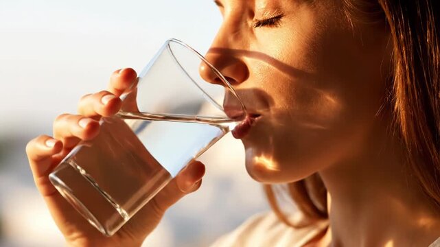 Closeup profile of a woman drinking a glass of water in warm golden hour sunlight
