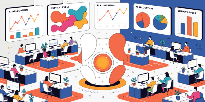 A vibrant illustration of a modern office with people working at desks surrounded by AI allocation and supply levels graphs and charts