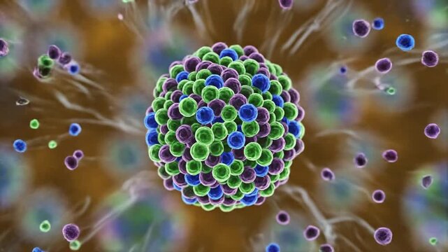 Microscopic video captures bacteria and colorful spherical structures floating in a brown liquid environment.