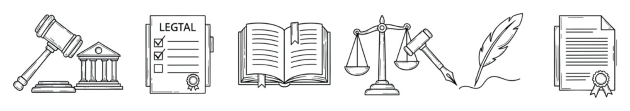 Legal system outline collection featuring court gavel, justice scales, statutory documents, law books, and quill pen, suitable for educational materials, legal service promotions, or