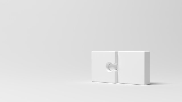 Two puzzle pieces isolated on gray background. Blank. Connected. 3d illustration.