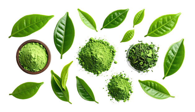 Bright tea leaves and powder isolated on black
