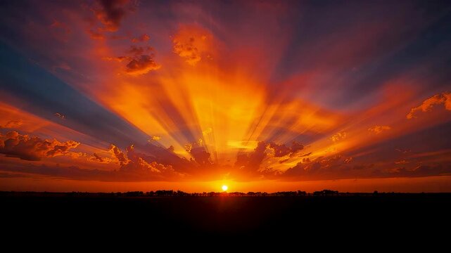 Dramatic orange sunset with bright sun bursting through colorful clouds casting rays over dark silhouetted horizon