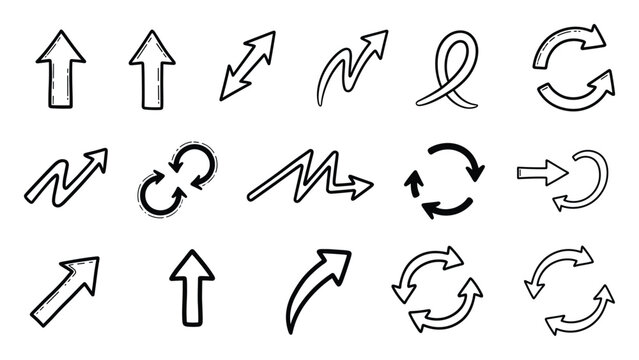 A collection of various handdrawn doodle style arrows and pointer symbols perfect for web navigation, user interface elements, infographics, and general communication.