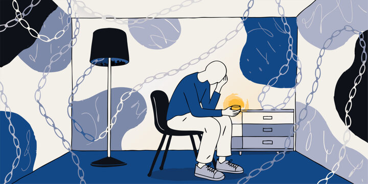 A man sits in a room with chains, feeling trapped and sad while holding a glowing object