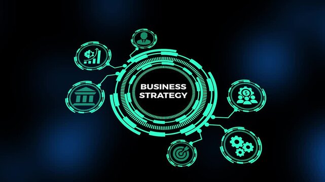 Business strategy concept featuring corporate planning dashboard, growth analytics indicators, and enterprise decision making visualization.