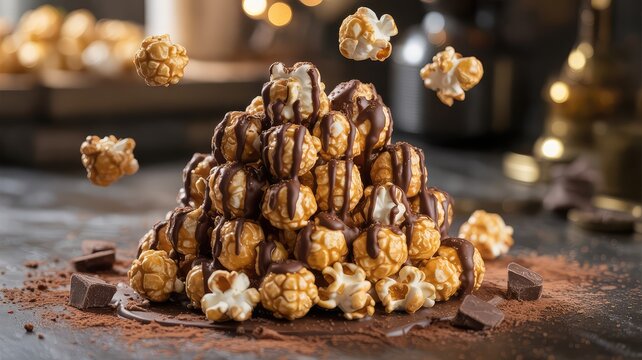 Gourmet chocolate drizzled caramel popcorn pile with cocoa powder and floating kernels
