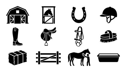 Horse and Equestrian Silhouette Icon Set – Stable, Riding Equipment, Saddle, Horseshoe and Farm Icons © Mediasegment