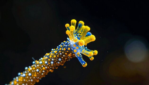 Macro photograph of a vibrant marine invertebrate with colorful cerata and papillae.