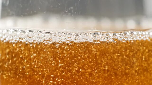 Close up of fizzy drink with bubbles, brown liquid in glass