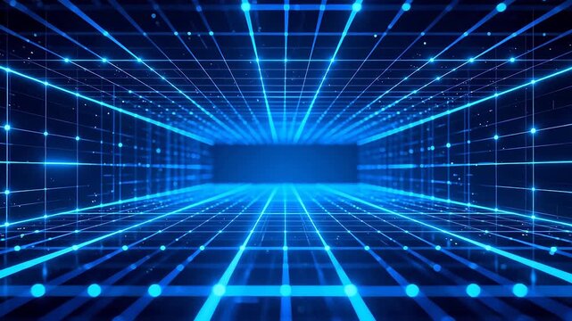 Blue neon grid tunnel perspective