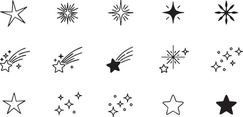 Fototapeta premium Collection of stylized star and shooting star icons in monochrome design
