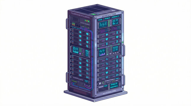 Flat isometric telemedicine data server tower isolated on white