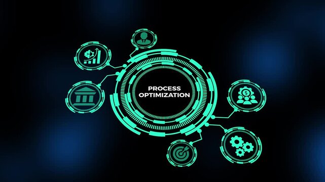 Process optimization dashboard showing workflow efficiency analytics, performance improvement metrics, and business system visualization.