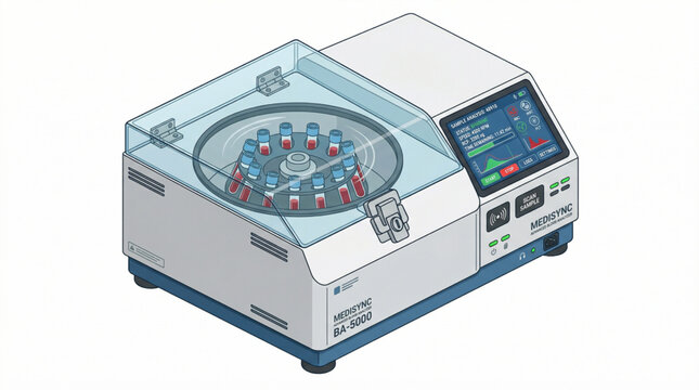 Flat isometric smart blood analyzing centrifuge isolated on white