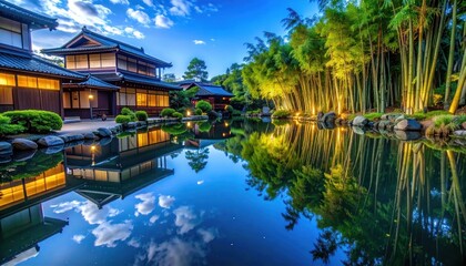 Obraz premium Tranquil Japanese Garden with Illuminated Bamboo and Reflecting Pond.