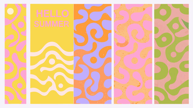 Colorful summer abstract patterns displayed across five vertical panels