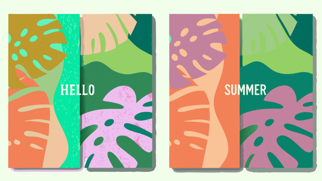 Abstract tropical leaves and text hello summer design elements