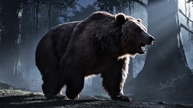 Ultra detailed 4K seamless loop animation of a stylized bear with realistic fur physics, heavy body movement, cinematic dramatic lighting, hybrid realism design, smooth and consistent loop cycle