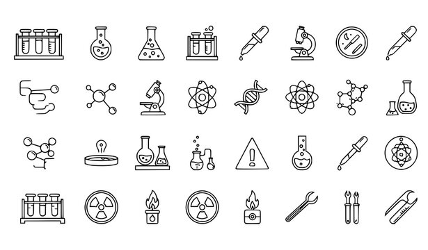 Laboratory line icon set with science glassware molecule and radioactivity symbols editable stroke vector