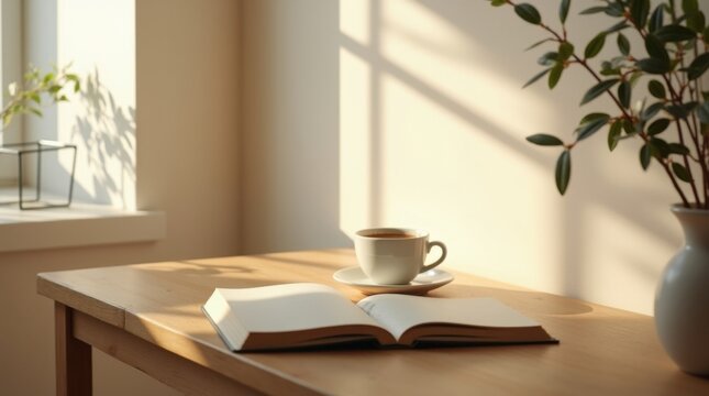 Ritual matutino con caf&eacute; y cuaderno, mesa de madera, luz solar, interior minimalista, ambiente tranquilo