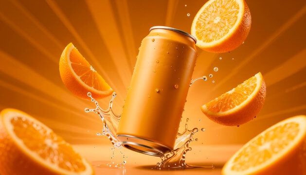 Lattina di aranciata con schizzo di succo e arance fresche su sfondo arancione