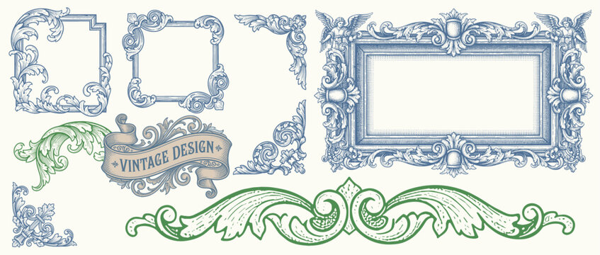 Ornate vintage frames and scroll elements. Classic calligraphy swirls, swashes, floral motifs. Good for greeting cards, wedding invitations, anniversary, royal certificates and graphic design.