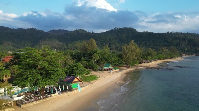 Khao Lak, Thailand: Aerial drone footage of the seafront resorts along the  Khao Lak long sandy beach along the Andaman sea in the Phang Nga province in Southern Thailand north of Phuket