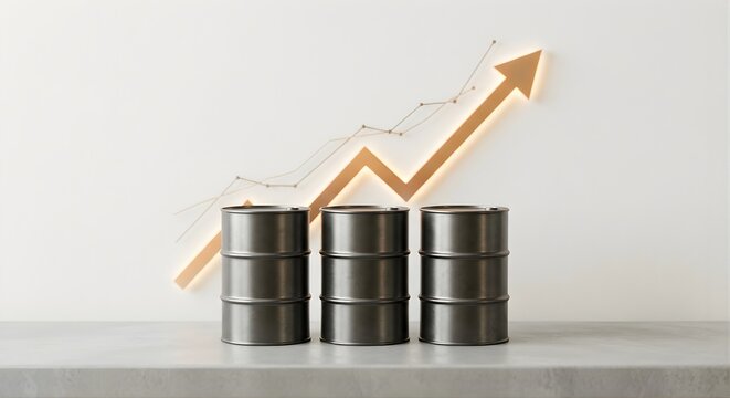 rising oil prices concept with barrels and upward arrow graph