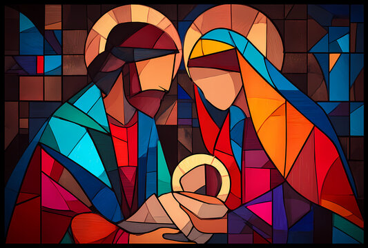 Ilustraci&oacute;n estilo vitral de la escena del nacimiento con la sagrada familia y la estrella de Bel&eacute;n