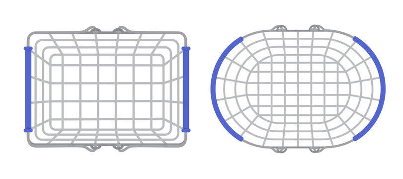 Empty metal shopping basket set from top view, rectangle and oval wire baskets with blue handles for retail and grocery store, vector design.