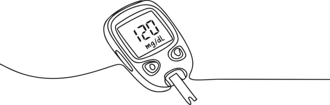 Glucometer one line drawing. Single continuous diabetes check, One continuous line drawing of Blood glucose meter test illustration. one line Icon drawing