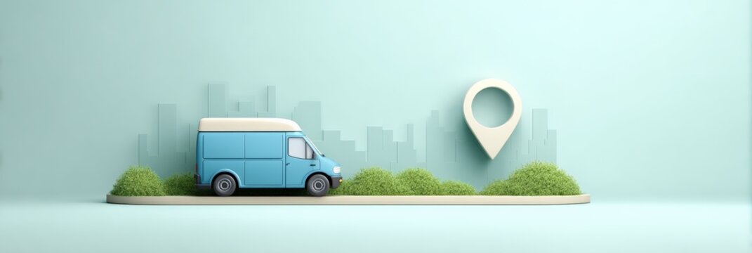 Blue delivery van driving along a road in a stylized city landscape, a large map pin icon indicating a drop off or pick up location, symbolizing efficient logistic tracking and shipping services